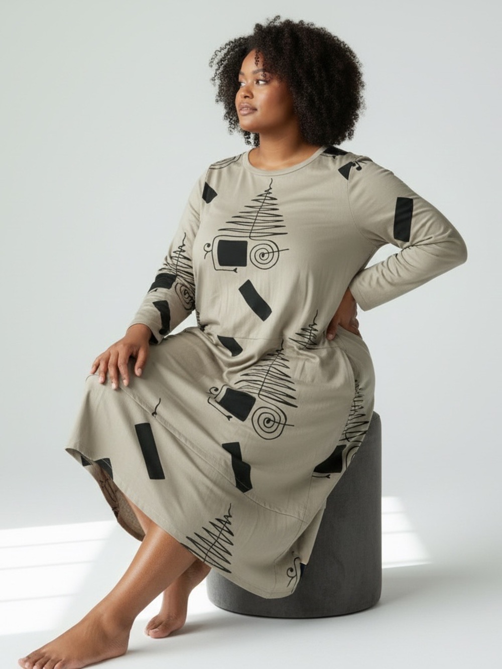 Plus-Size Sage Long Sleeve Printed Midi Dress